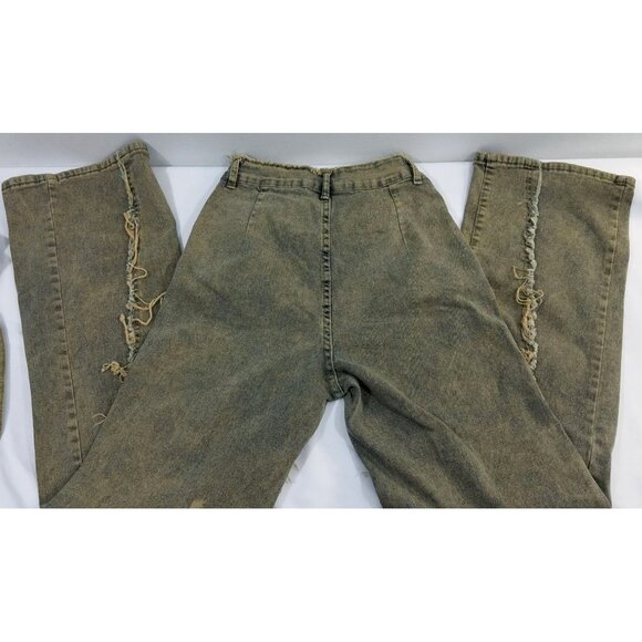Y2K Denim Jacket & Pants Set Size M Distressed Olive Green Raw Edges Cropped Jac - Picture 10 of 16